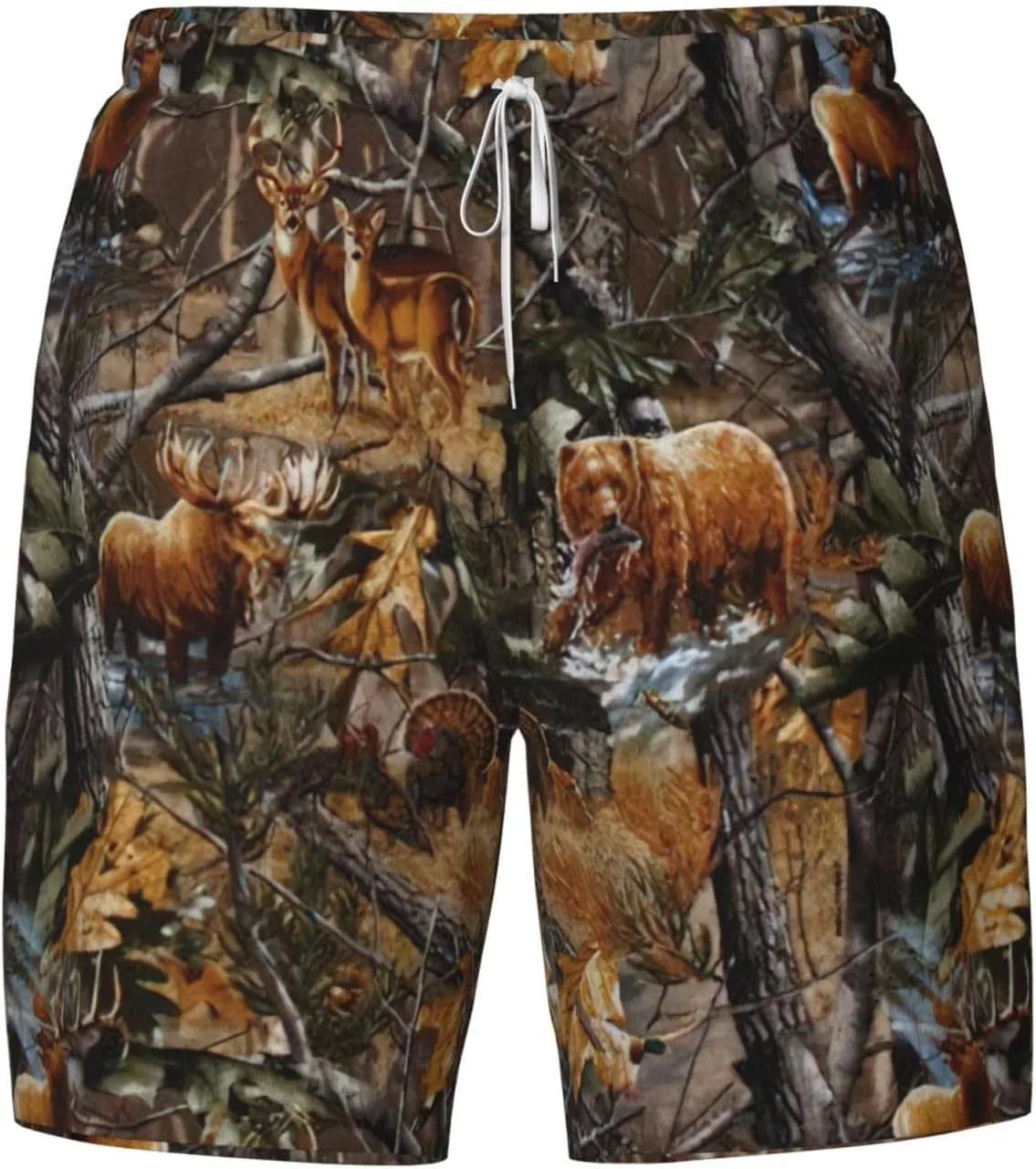 Hunting Deer Bear Moose Print Mens Swim Trunks Quick Dry Board Shorts Mesh Lining, Breathable Beach Surf Shorts