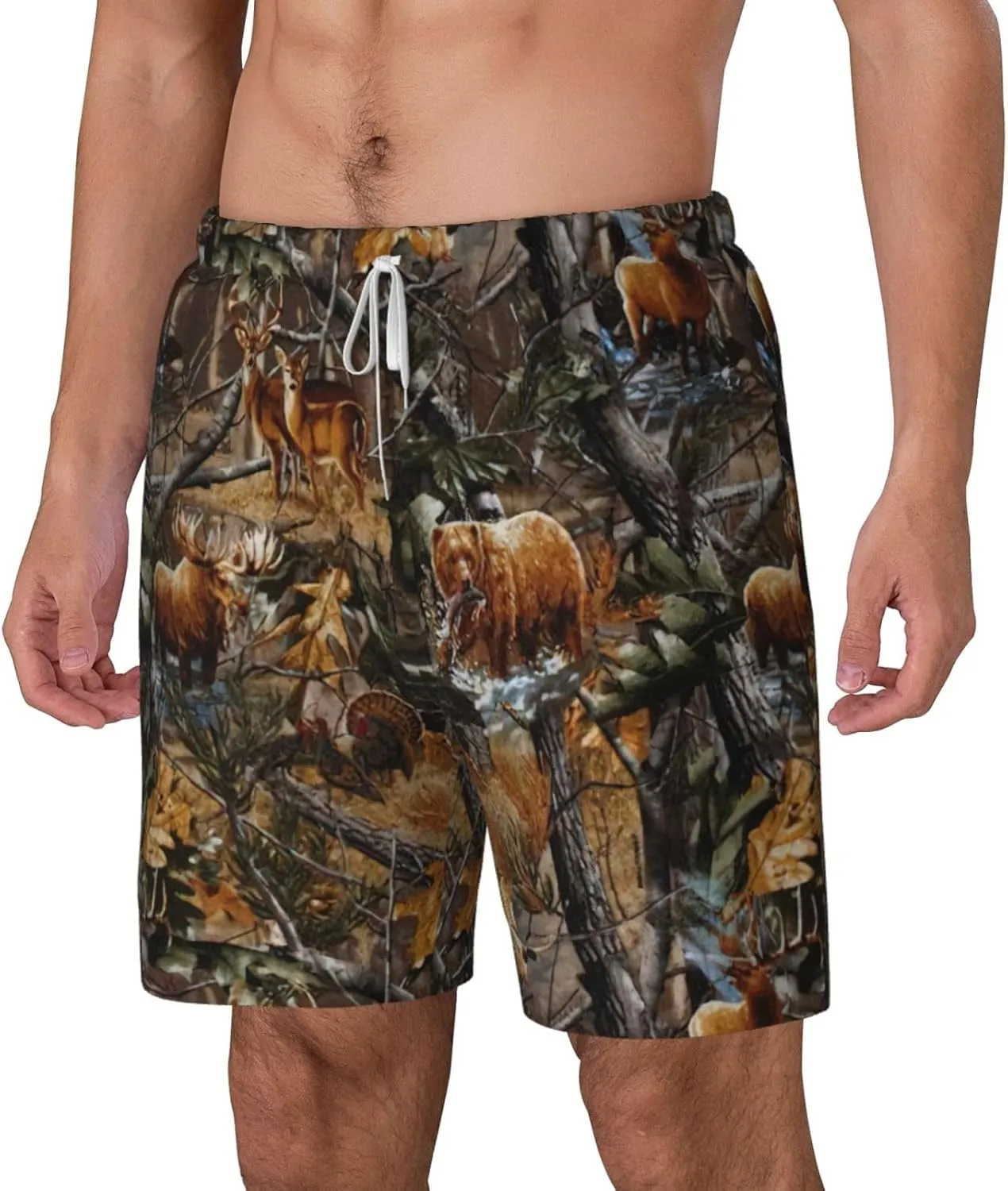 Hunting Deer Bear Moose Print Mens Swim Trunks Quick Dry Board Shorts Mesh Lining, Breathable Beach Surf Shorts