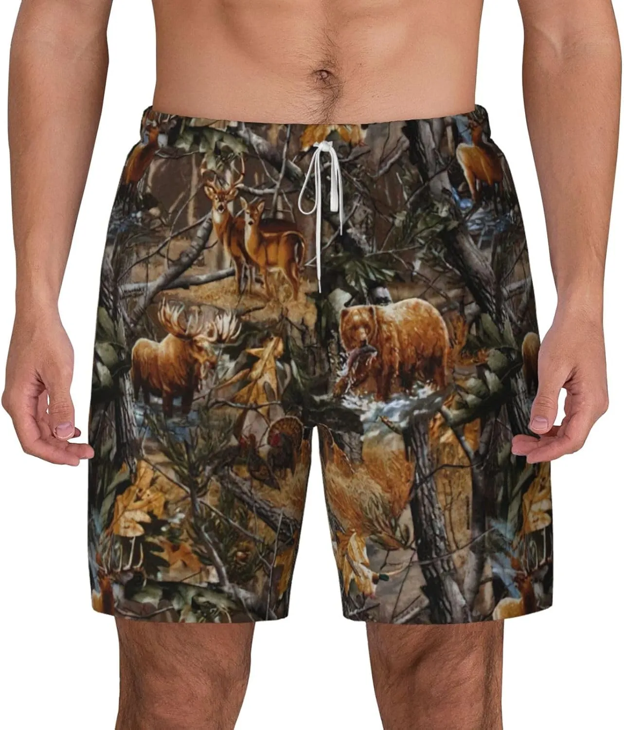 Hunting Deer Bear Moose Print Mens Swim Trunks Quick Dry Board Shorts Mesh Lining, Breathable Beach Surf Shorts