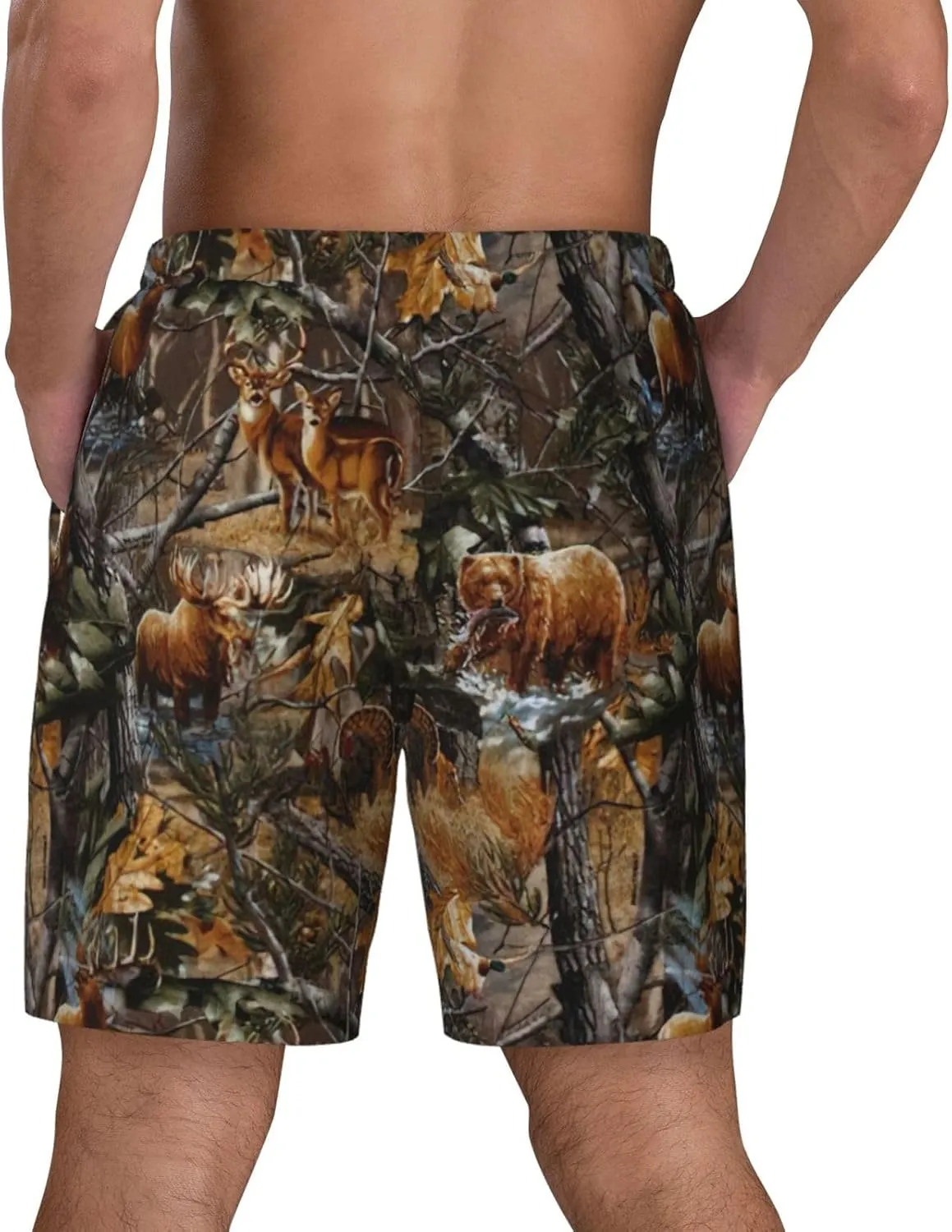 Hunting Deer Bear Moose Print Mens Swim Trunks Quick Dry Board Shorts Mesh Lining, Breathable Beach Surf Shorts