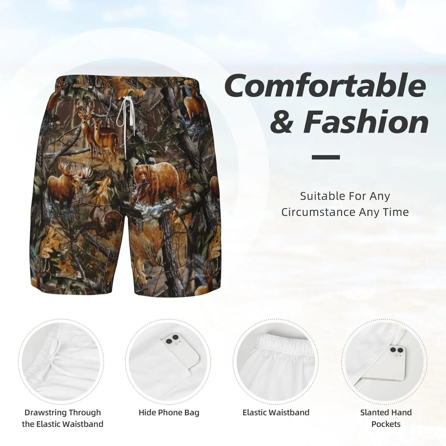 Hunting Deer Bear Moose Print Mens Swim Trunks Quick Dry Board Shorts Mesh Lining, Breathable Beach Surf Shorts