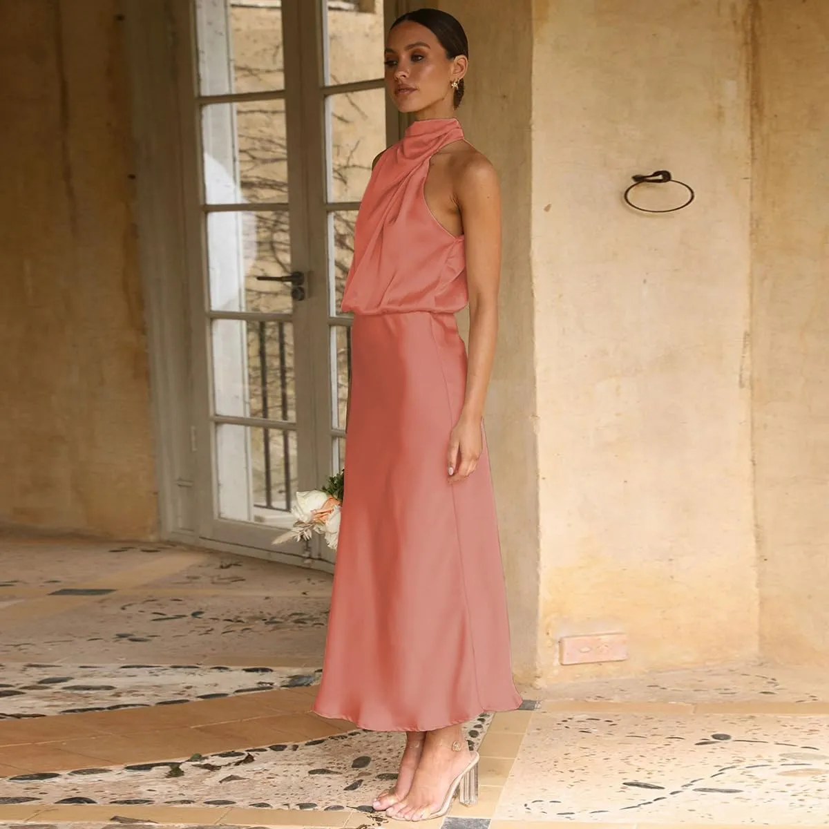 IDOPIP Women Elegant Satin Dress Sleeveless Halter Prom Party Gown Cocktail Bridesmaid Wedding Guest Outfit Formal Maxi Dress
