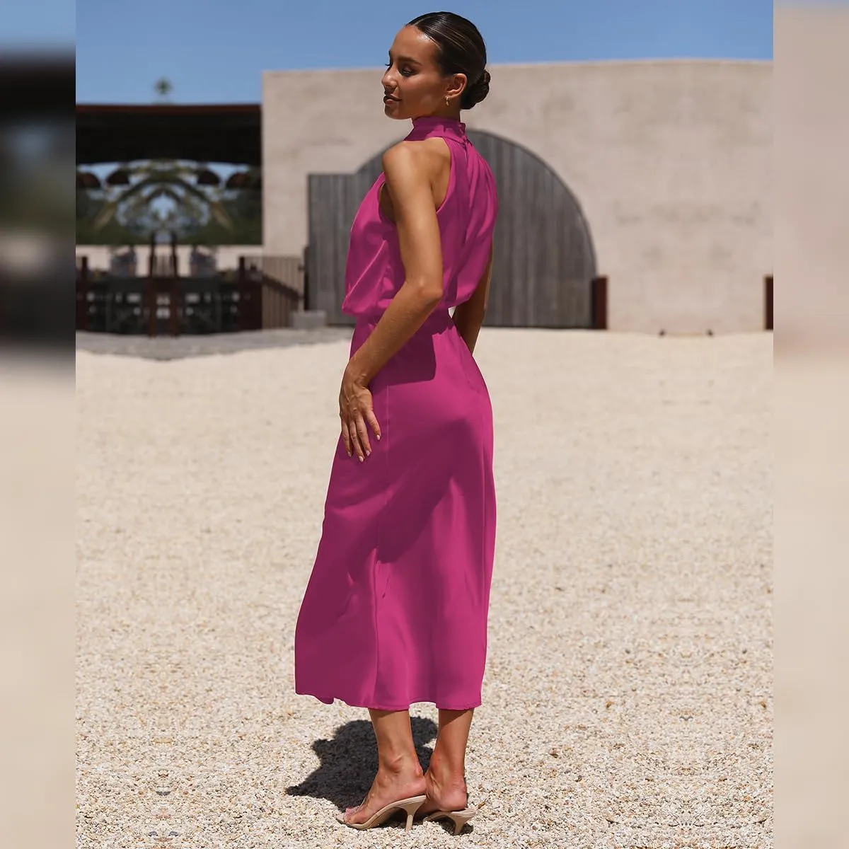IDOPIP Women Elegant Satin Dress Sleeveless Halter Prom Party Gown Cocktail Bridesmaid Wedding Guest Outfit Formal Maxi Dress