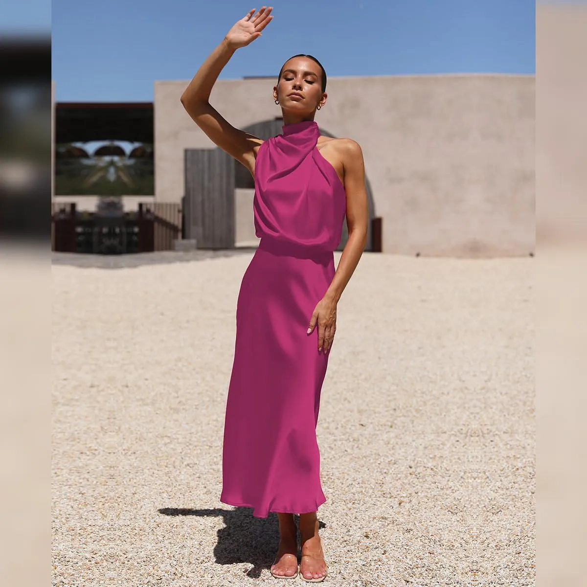 IDOPIP Women Elegant Satin Dress Sleeveless Halter Prom Party Gown Cocktail Bridesmaid Wedding Guest Outfit Formal Maxi Dress