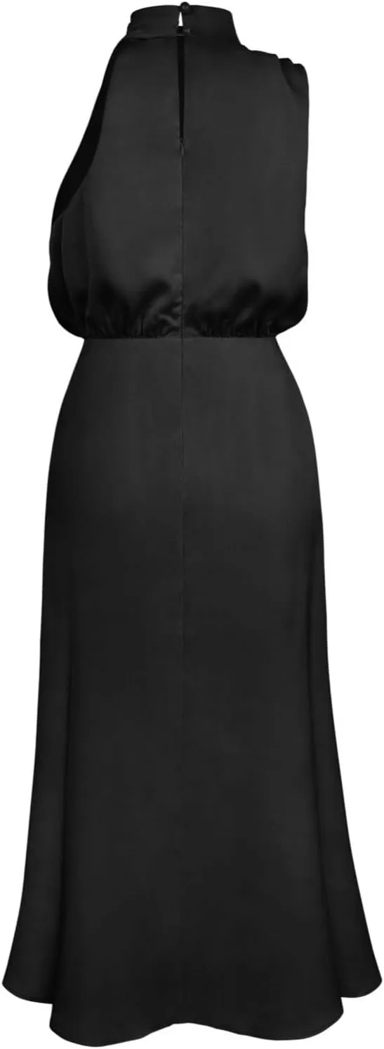 IDOPIP Women Elegant Satin Dress Sleeveless Halter Prom Party Gown Cocktail Bridesmaid Wedding Guest Outfit Formal Maxi Dress