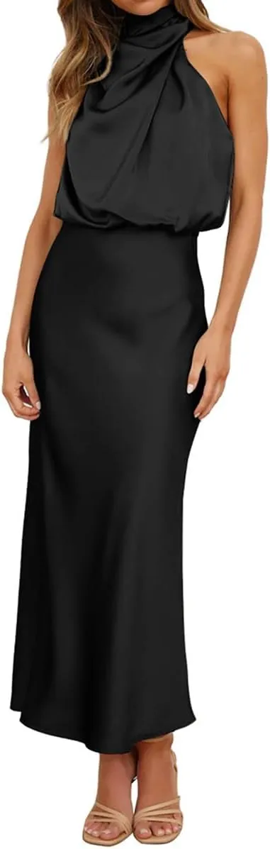 IDOPIP Women Elegant Satin Dress Sleeveless Halter Prom Party Gown Cocktail Bridesmaid Wedding Guest Outfit Formal Maxi Dress