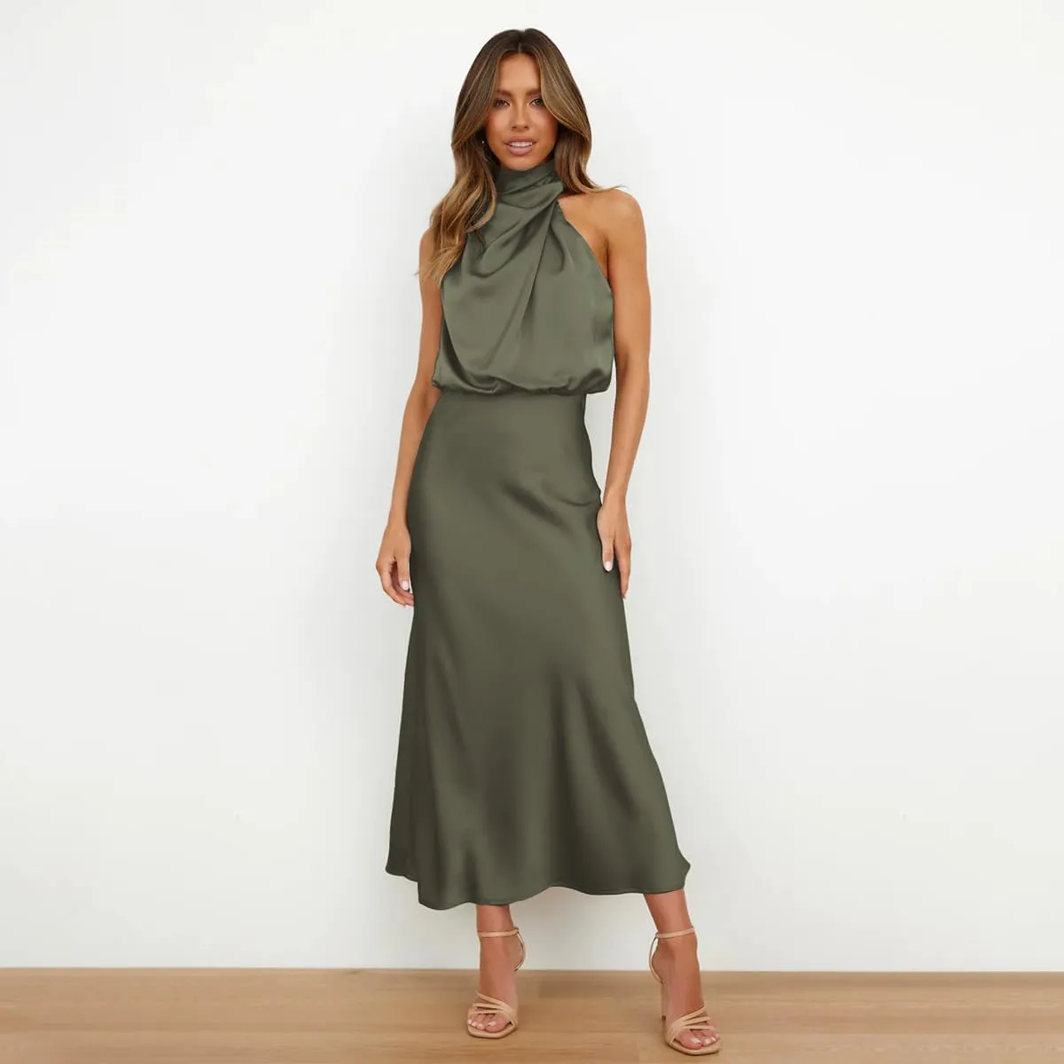 IDOPIP Women Elegant Satin Dress Sleeveless Halter Prom Party Gown Cocktail Bridesmaid Wedding Guest Outfit Formal Maxi Dress