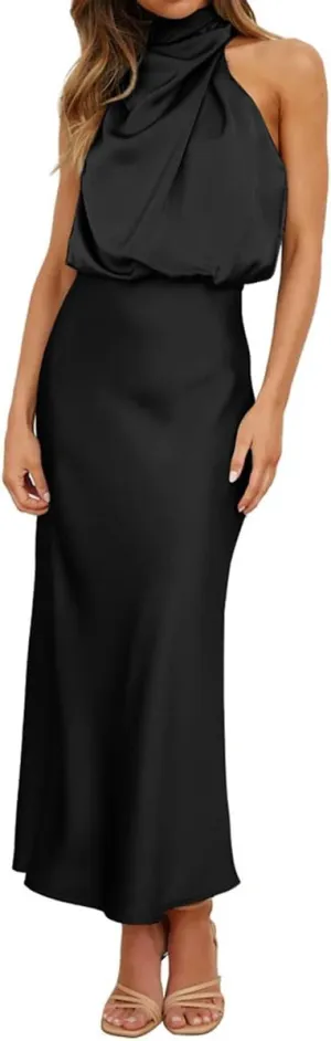 IDOPIP Women Elegant Satin Dress Sleeveless Halter Prom Party Gown Cocktail Bridesmaid Wedding Guest Outfit Formal Maxi Dress