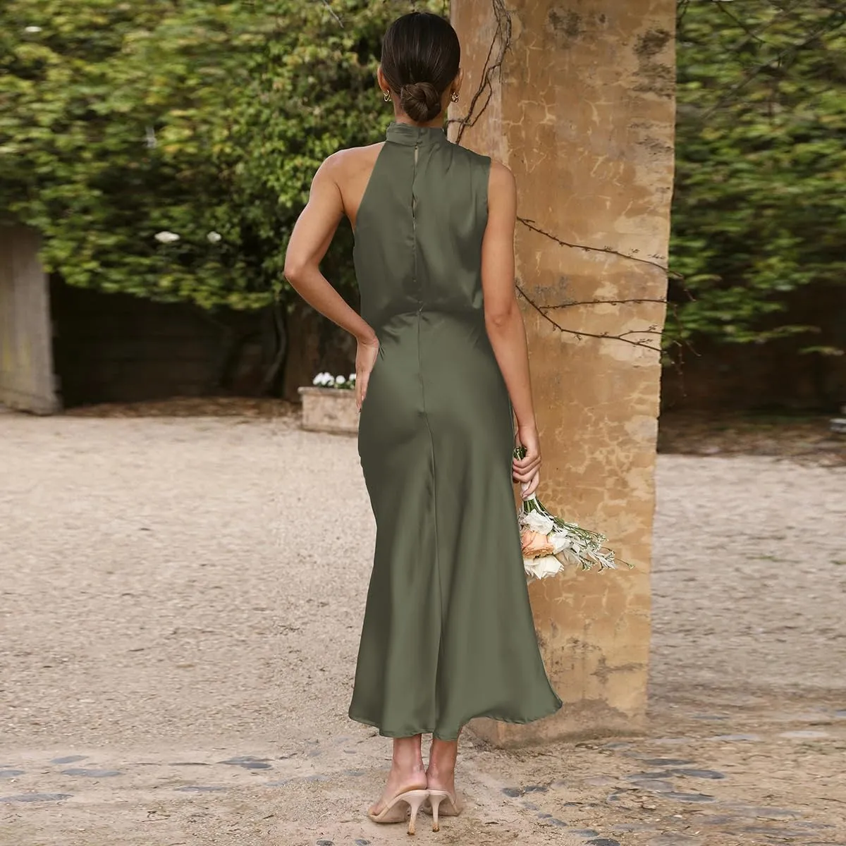 IDOPIP Women Elegant Satin Dress Sleeveless Halter Prom Party Gown Cocktail Bridesmaid Wedding Guest Outfit Formal Maxi Dress