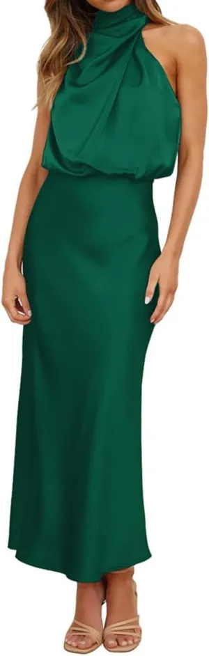 IDOPIP Women Elegant Satin Dress Sleeveless Halter Prom Party Gown Cocktail Bridesmaid Wedding Guest Outfit Formal Maxi Dress