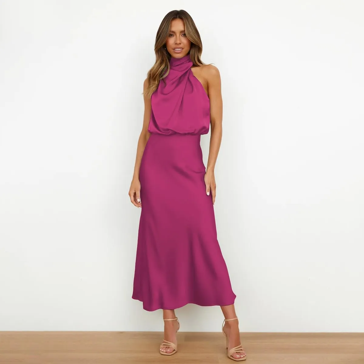 IDOPIP Women Elegant Satin Dress Sleeveless Halter Prom Party Gown Cocktail Bridesmaid Wedding Guest Outfit Formal Maxi Dress