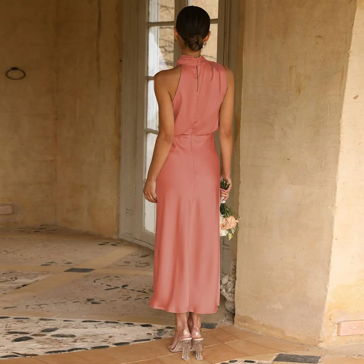 IDOPIP Women Elegant Satin Dress Sleeveless Halter Prom Party Gown Cocktail Bridesmaid Wedding Guest Outfit Formal Maxi Dress