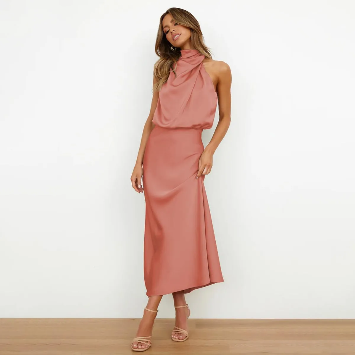 IDOPIP Women Elegant Satin Dress Sleeveless Halter Prom Party Gown Cocktail Bridesmaid Wedding Guest Outfit Formal Maxi Dress
