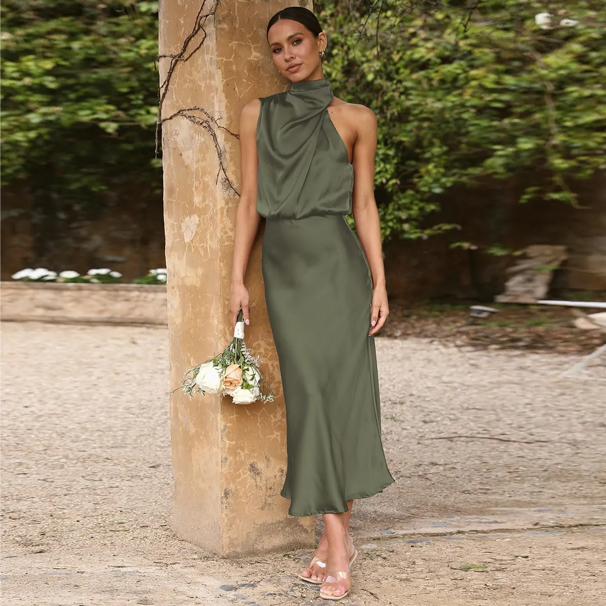 IDOPIP Women Elegant Satin Dress Sleeveless Halter Prom Party Gown Cocktail Bridesmaid Wedding Guest Outfit Formal Maxi Dress