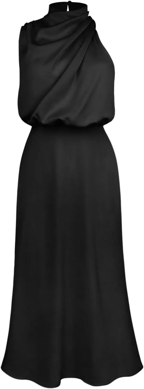 IDOPIP Women Elegant Satin Dress Sleeveless Halter Prom Party Gown Cocktail Bridesmaid Wedding Guest Outfit Formal Maxi Dress