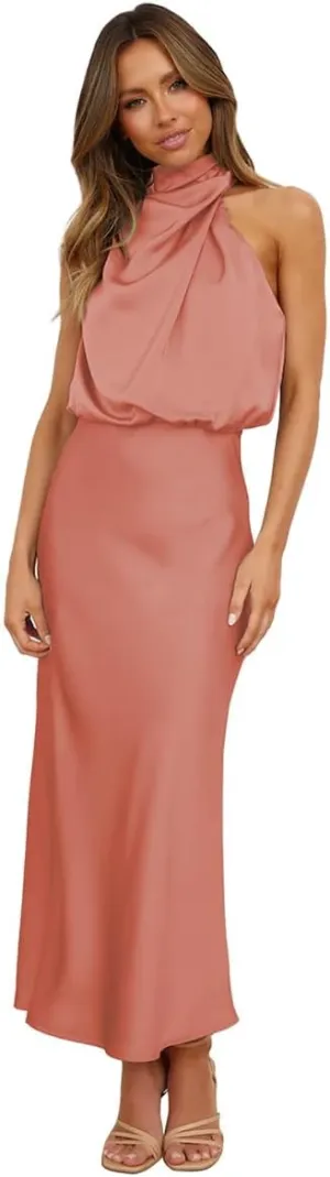 IDOPIP Women Elegant Satin Dress Sleeveless Halter Prom Party Gown Cocktail Bridesmaid Wedding Guest Outfit Formal Maxi Dress