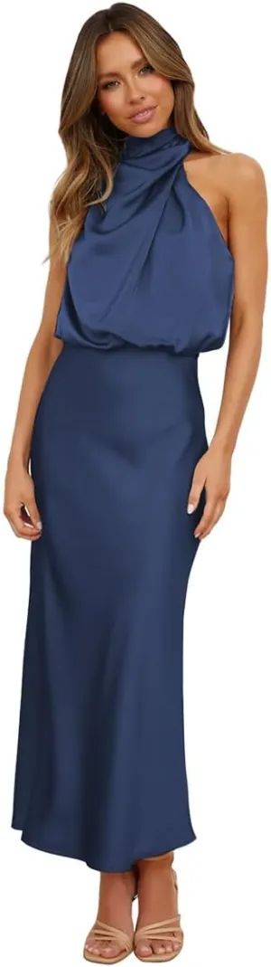 IDOPIP Women Elegant Satin Dress Sleeveless Halter Prom Party Gown Cocktail Bridesmaid Wedding Guest Outfit Formal Maxi Dress