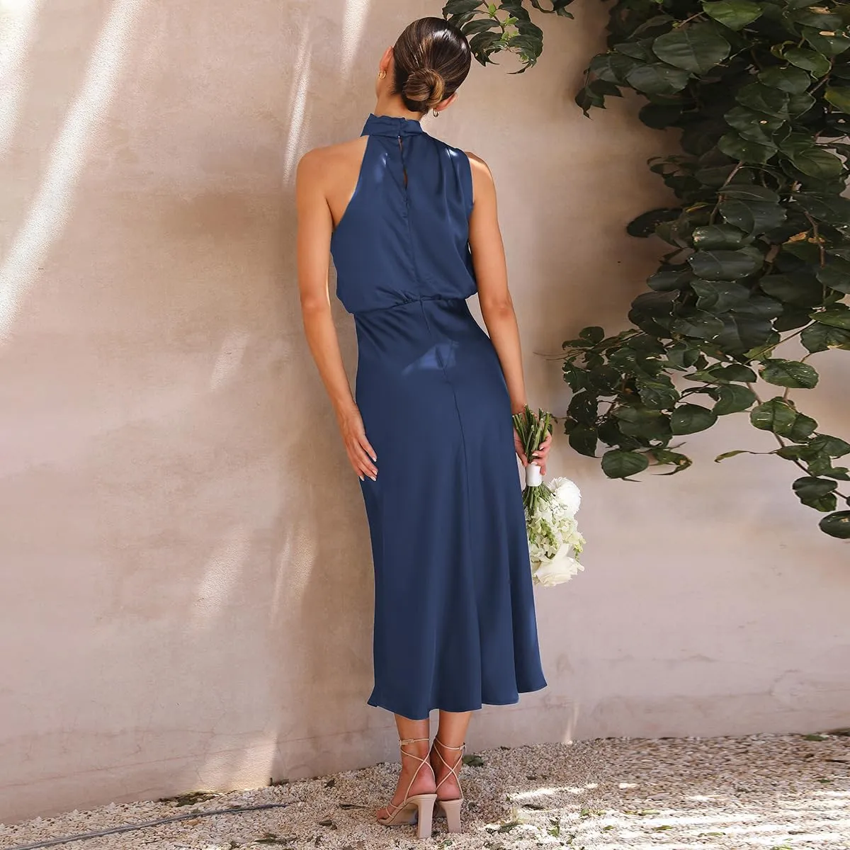 IDOPIP Women Elegant Satin Dress Sleeveless Halter Prom Party Gown Cocktail Bridesmaid Wedding Guest Outfit Formal Maxi Dress