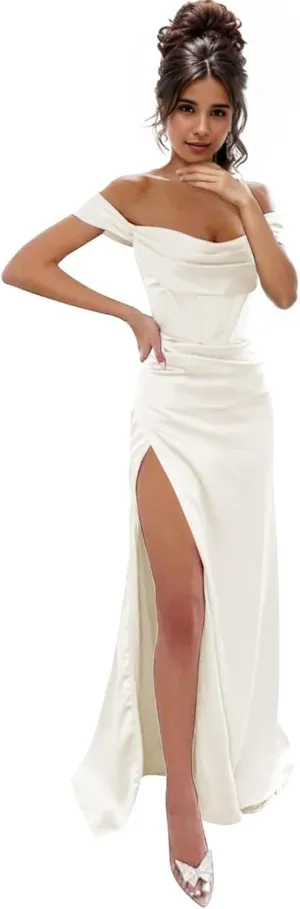 IIF Mermaid Satin Prom Dress with Slit Off The Shoulder Long Bridesmaid Dresses Evening Formal Wedding Party Gowns IIF013