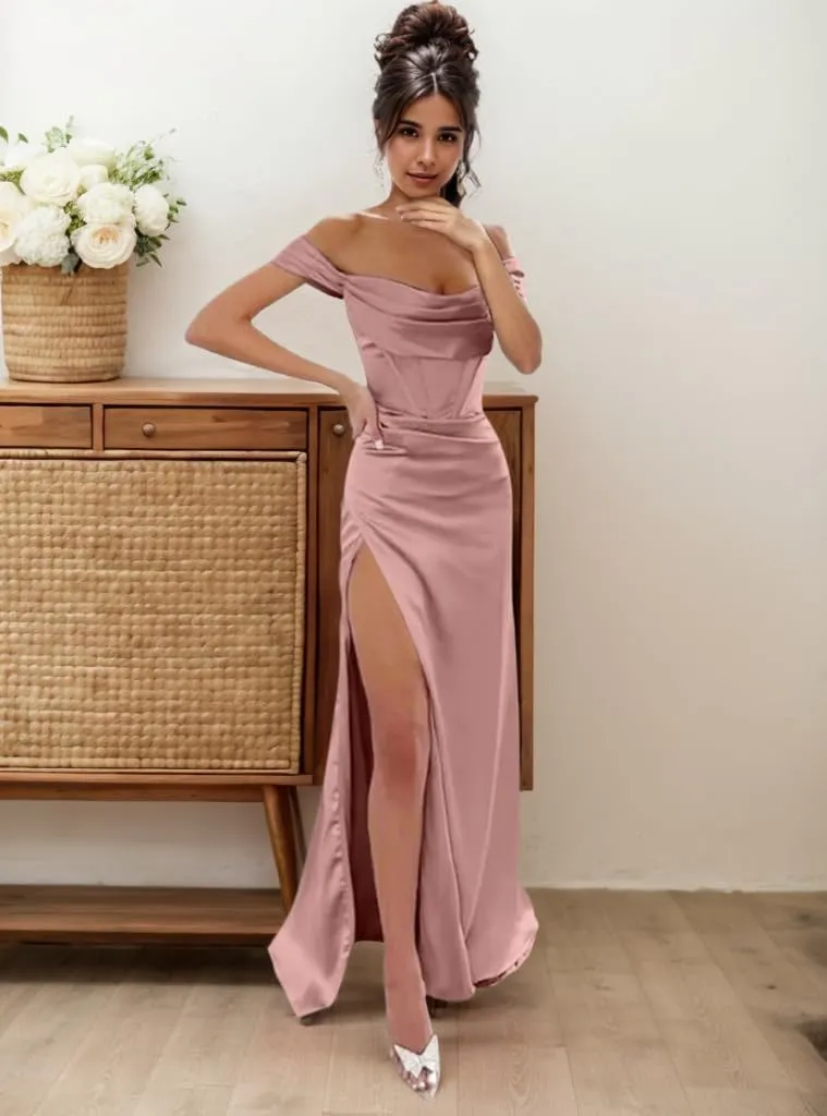 IIF Mermaid Satin Prom Dress with Slit Off The Shoulder Long Bridesmaid Dresses Evening Formal Wedding Party Gowns IIF013