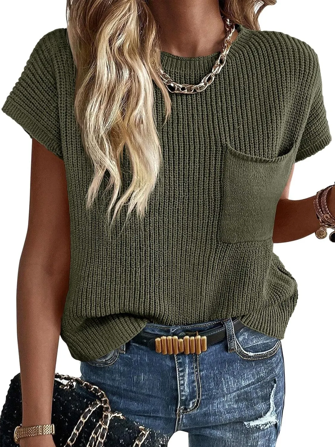 Imily Bela Summer Short Sleeve Sweater for Women 2025 Crew Neck Ribbed Knit Vests Trendy Pullover Tops