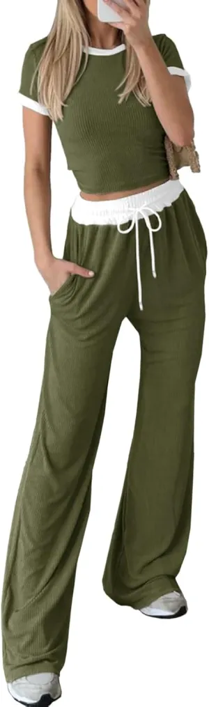 Imily Bela Women's 2 Piece Lounge Sets Ribbed Knit Short Sleeve Crop Top Wide Leg Pants Set Casual Outfits Loungewear