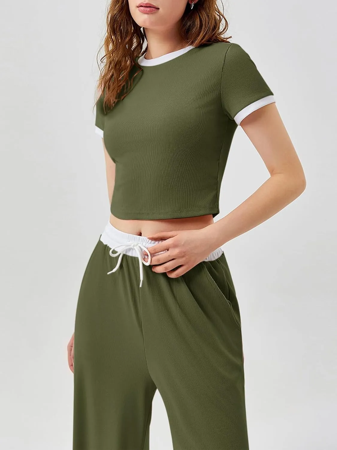 Imily Bela Women's 2 Piece Lounge Sets Ribbed Knit Short Sleeve Crop Top Wide Leg Pants Set Casual Outfits Loungewear