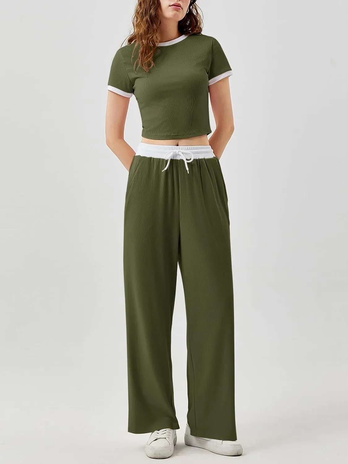 Imily Bela Women's 2 Piece Lounge Sets Ribbed Knit Short Sleeve Crop Top Wide Leg Pants Set Casual Outfits Loungewear