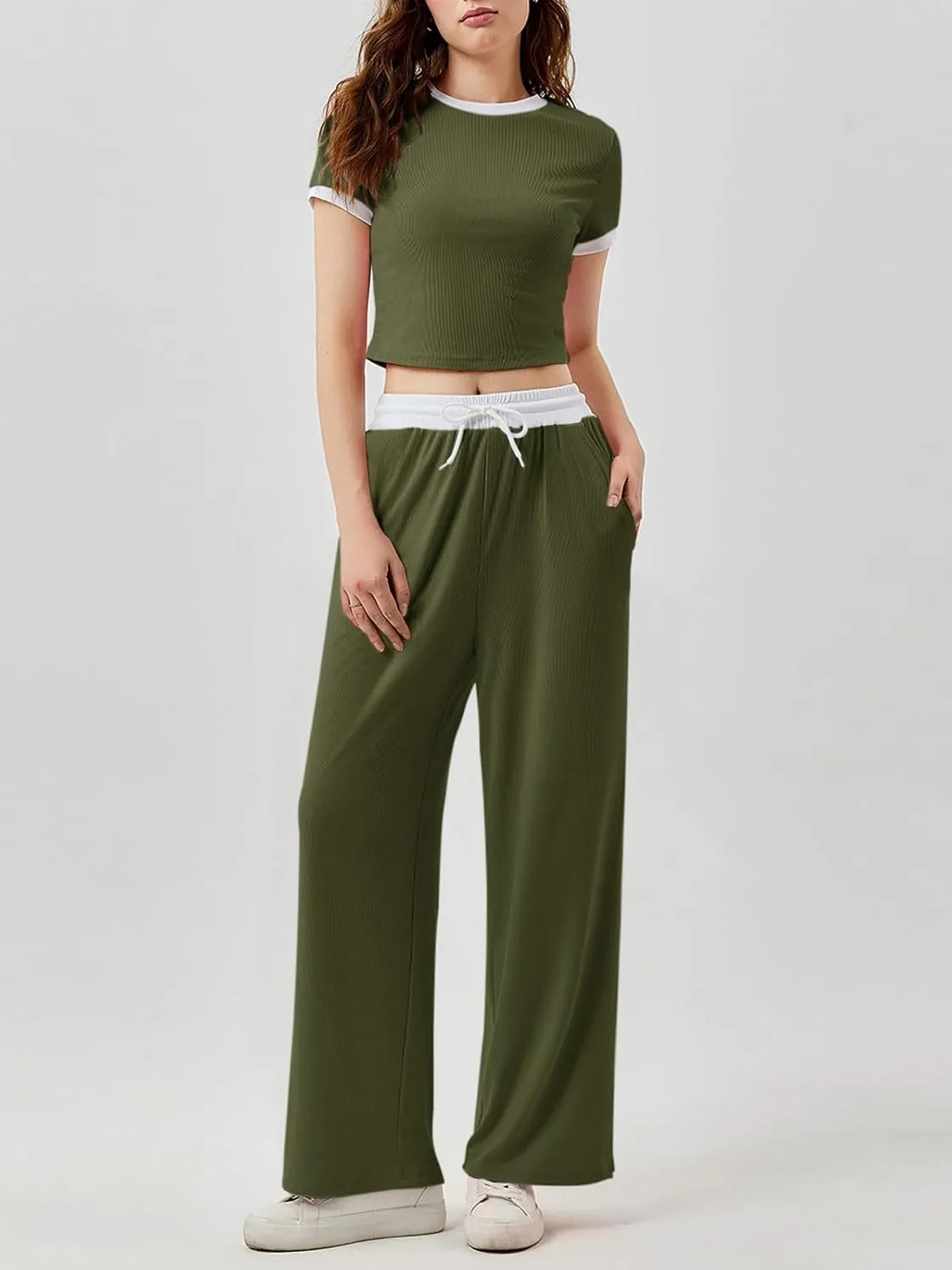 Imily Bela Women's 2 Piece Lounge Sets Ribbed Knit Short Sleeve Crop Top Wide Leg Pants Set Casual Outfits Loungewear