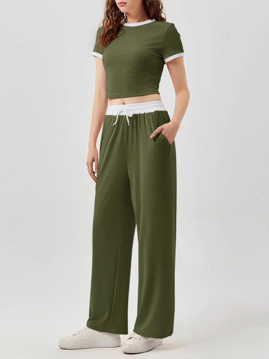 Imily Bela Women's 2 Piece Lounge Sets Ribbed Knit Short Sleeve Crop Top Wide Leg Pants Set Casual Outfits Loungewear