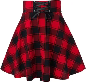 Irish Tartan Skirts for Women Gothic High Waisted Cross Tied Plaid A Line Pleated Mini Short Skirt