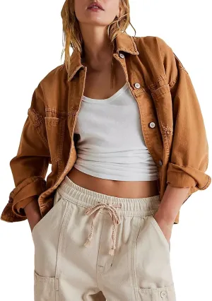 Jacket Women Button Up Cropped Denim Sweatshirt with Pockets Oversized Denim Jacket Lightweight Loose Fit Clothing