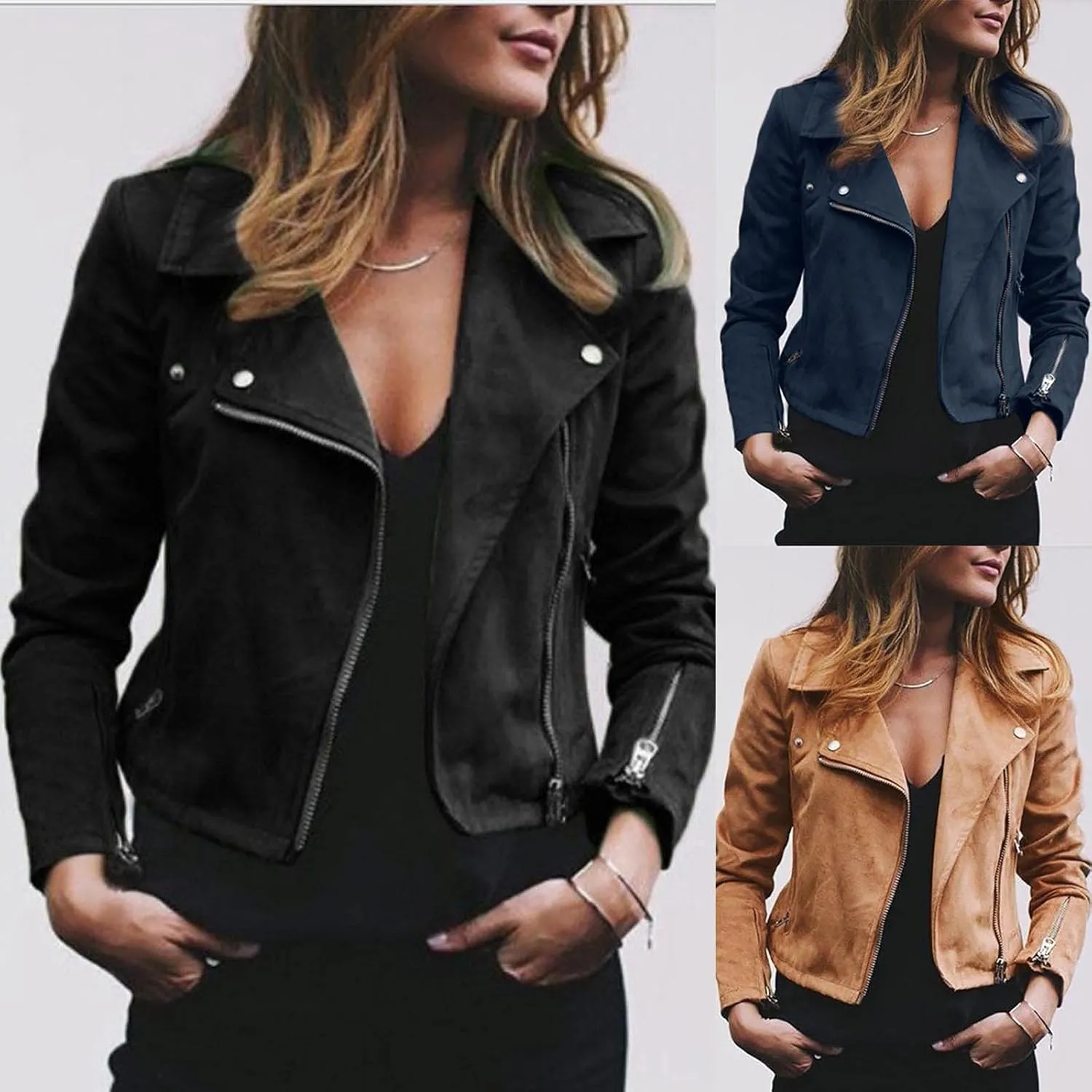 Jackets for Women Trendy Faux Suede Moto Jacket Open Front Cardigan Leather Motorcycle Jacket Lapel Collar Coat Women