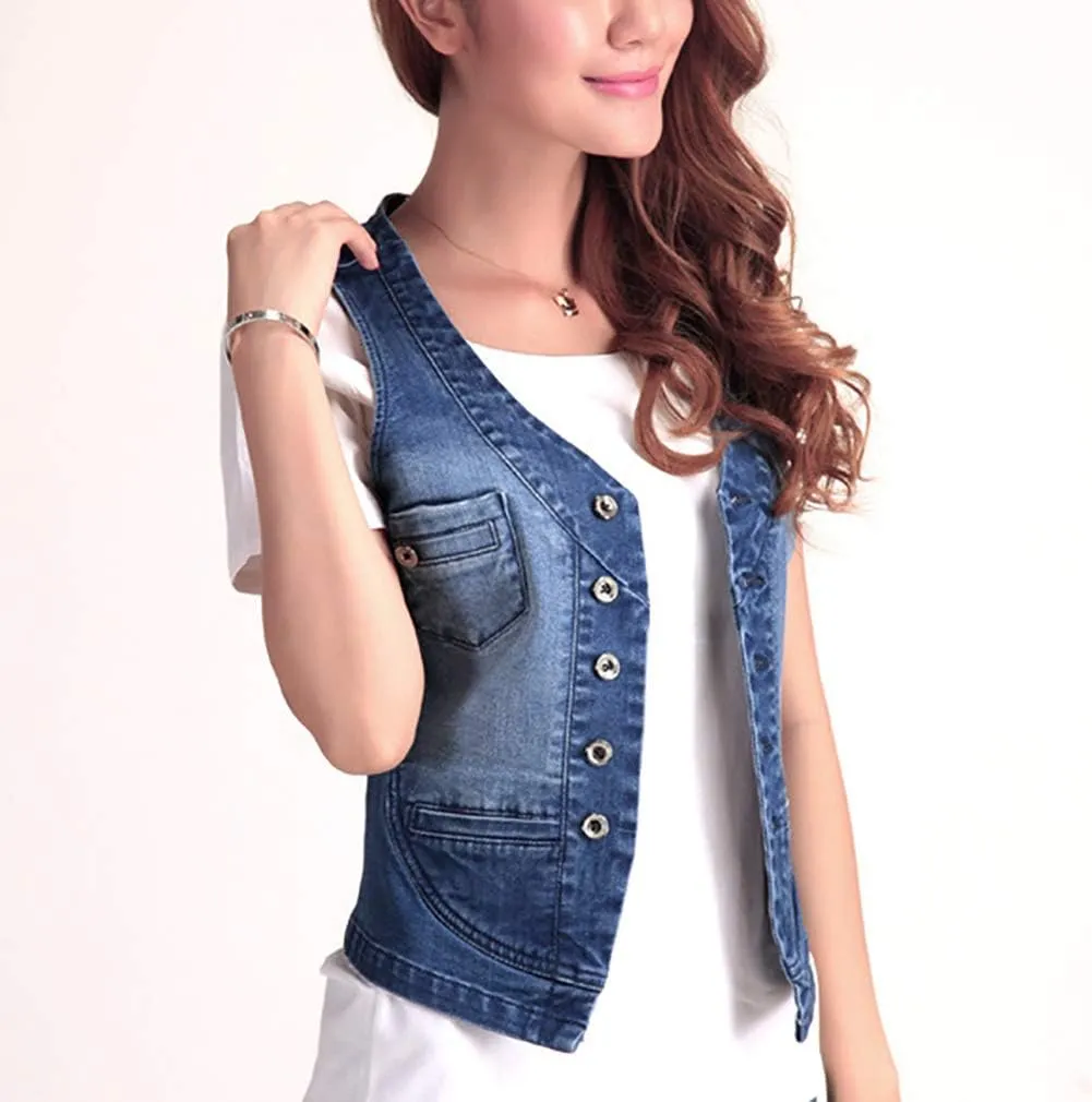 Jade Hare Denim Vest For Women Blue Slim Fit Jackets Crop Top Denims Waistcoat Sleeveless Lightweight Utility Jeans Vests