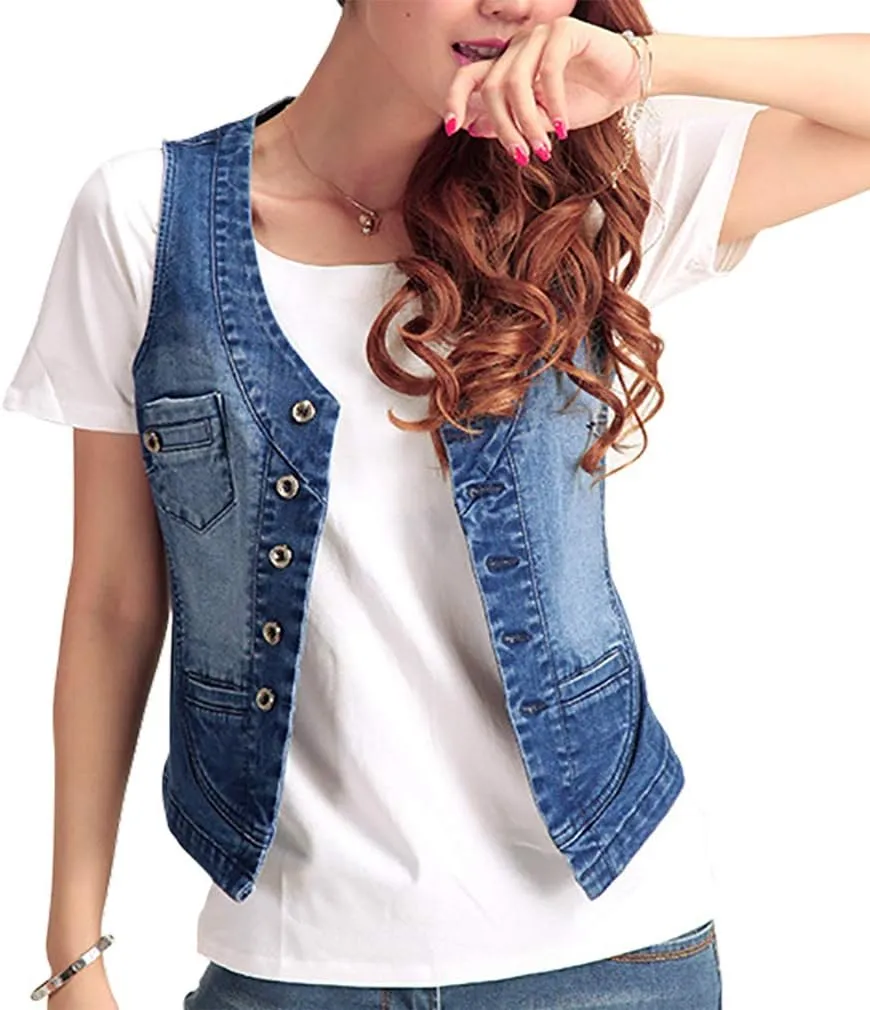 Jade Hare Denim Vest For Women Blue Slim Fit Jackets Crop Top Denims Waistcoat Sleeveless Lightweight Utility Jeans Vests