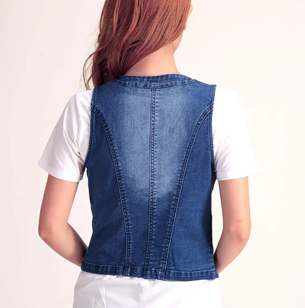 Jade Hare Denim Vest For Women Blue Slim Fit Jackets Crop Top Denims Waistcoat Sleeveless Lightweight Utility Jeans Vests