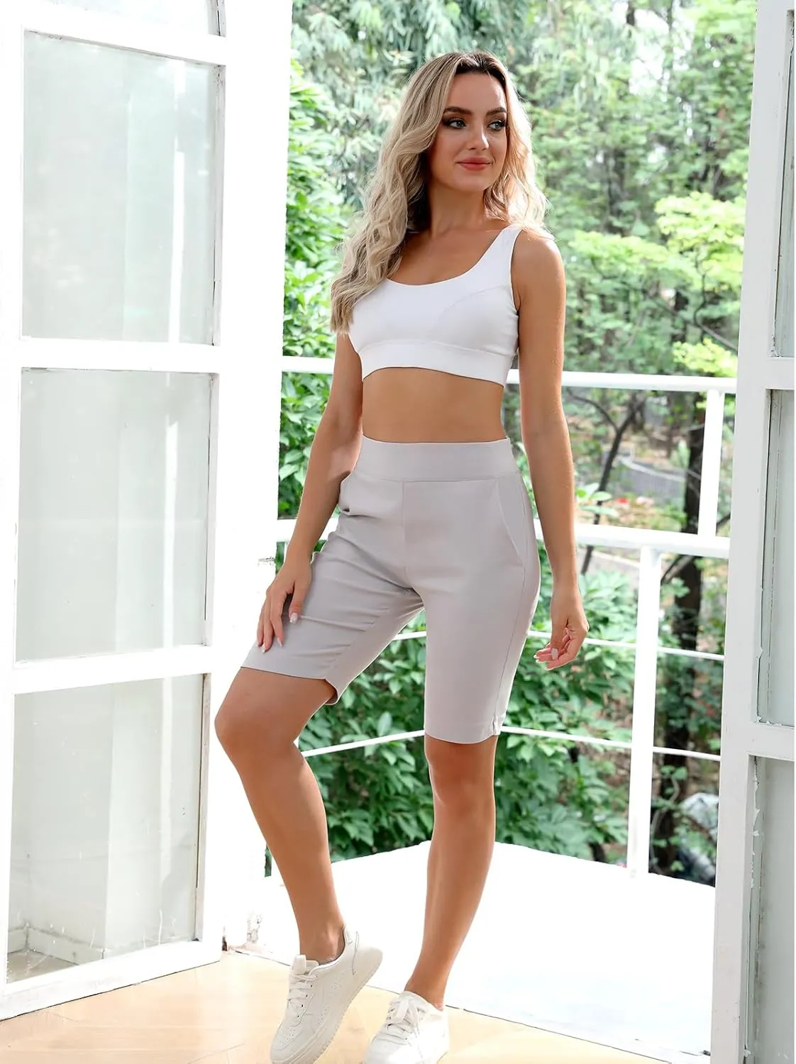 JAMfit Women's Pull-On Bermuda Shorts Stretch High Waist 10" Inseam Dressy Summer Casual Athletic Shorts with Pockets