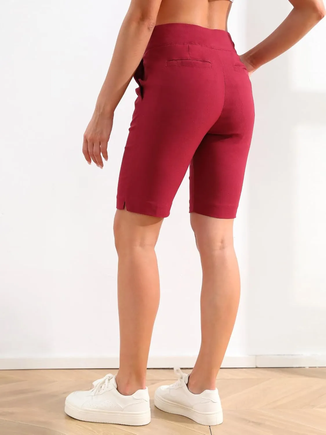 JAMfit Women's Pull-On Bermuda Shorts Stretch High Waist 10" Inseam Dressy Summer Casual Athletic Shorts with Pockets