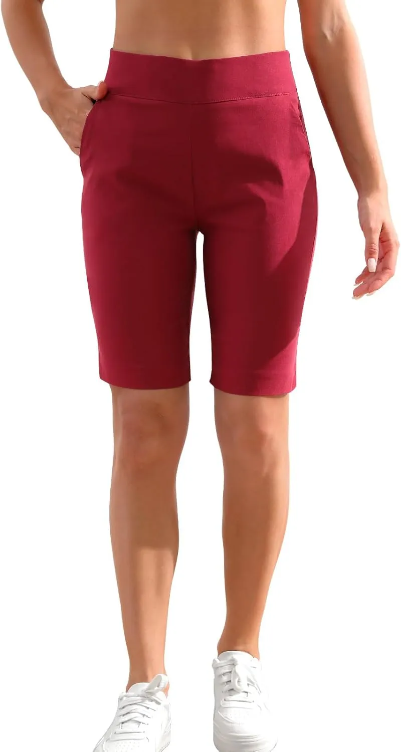 JAMfit Women's Pull-On Bermuda Shorts Stretch High Waist 10" Inseam Dressy Summer Casual Athletic Shorts with Pockets