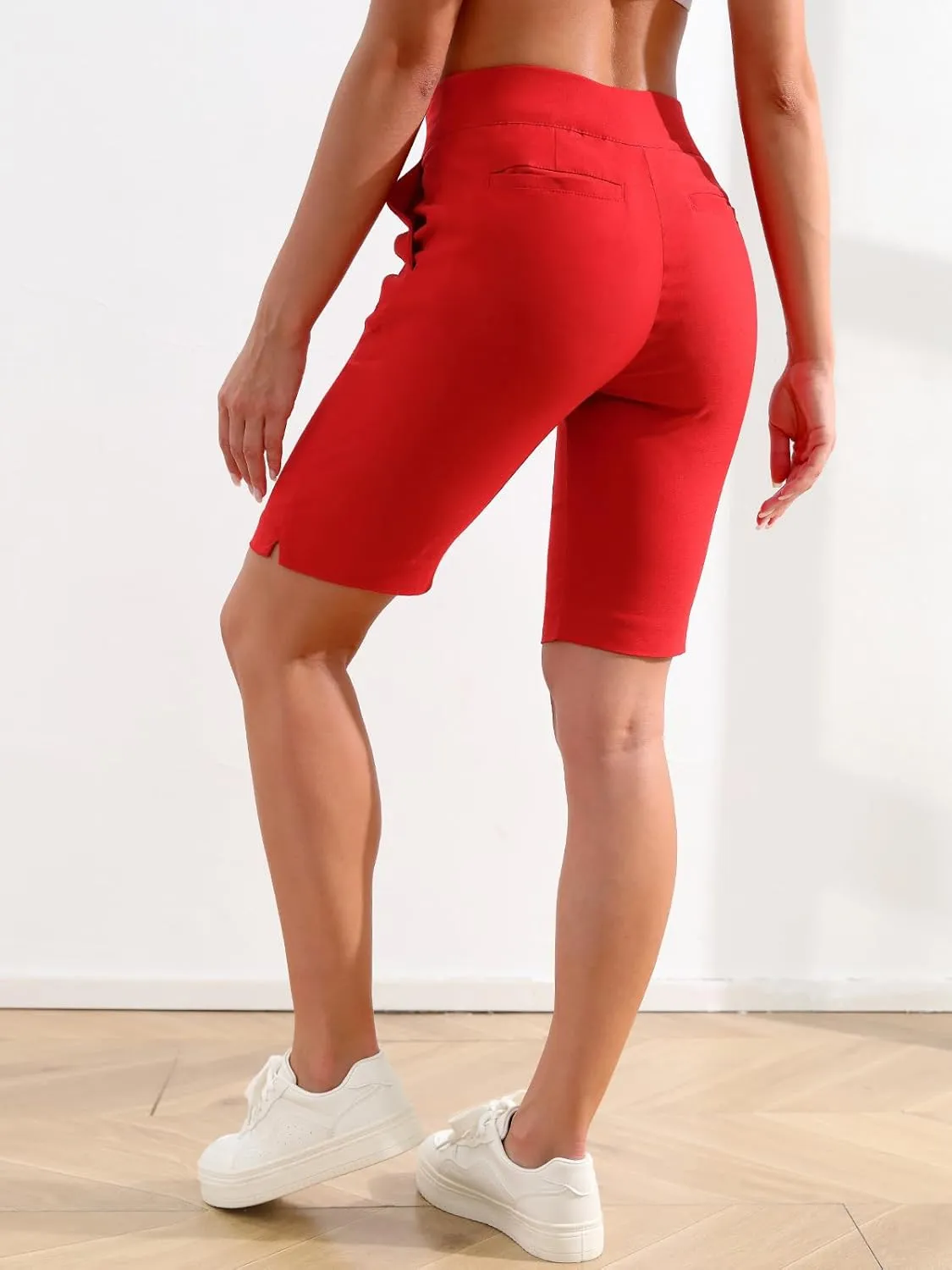 JAMfit Women's Pull-On Bermuda Shorts Stretch High Waist 10" Inseam Dressy Summer Casual Athletic Shorts with Pockets