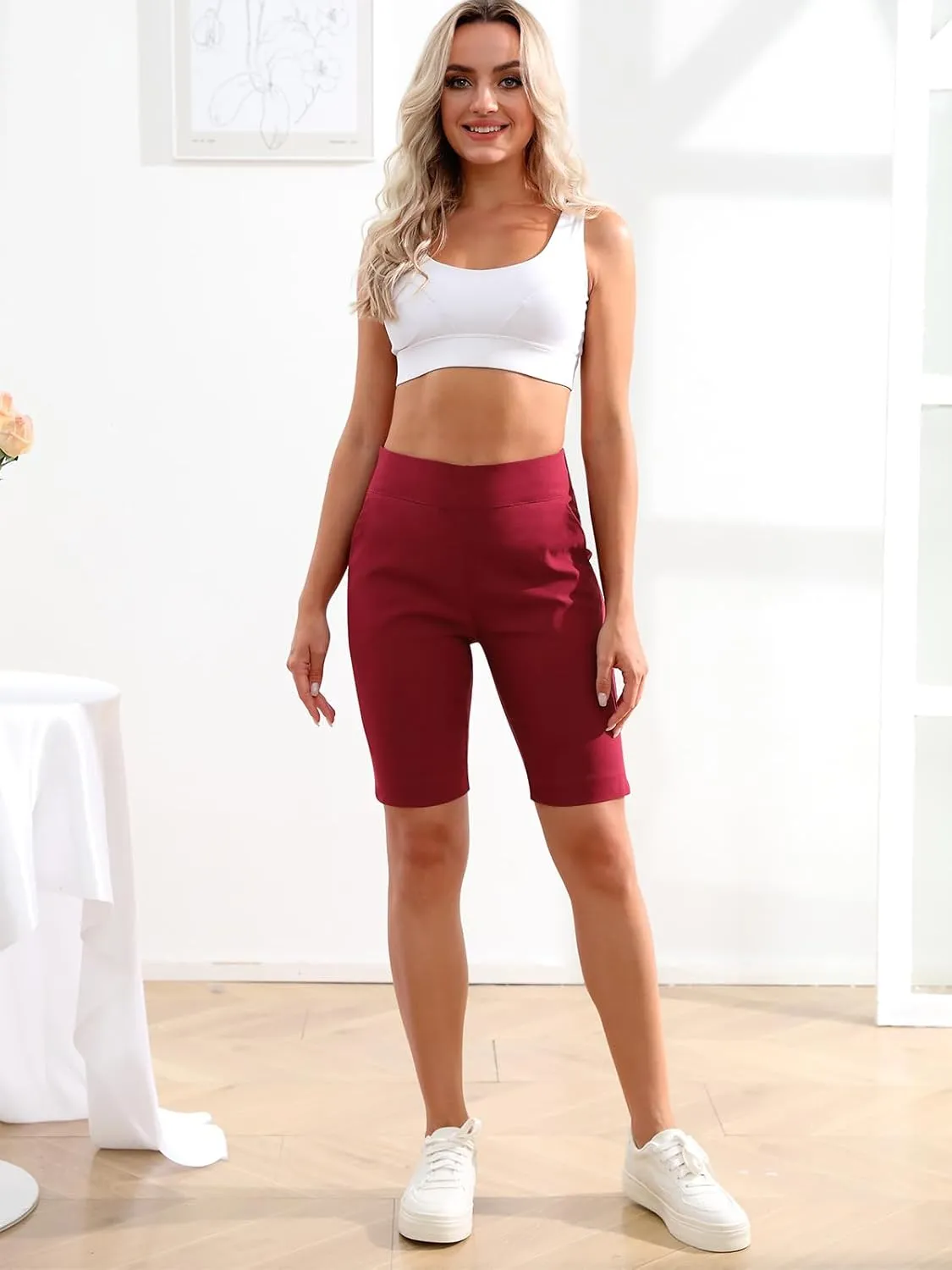 JAMfit Women's Pull-On Bermuda Shorts Stretch High Waist 10" Inseam Dressy Summer Casual Athletic Shorts with Pockets