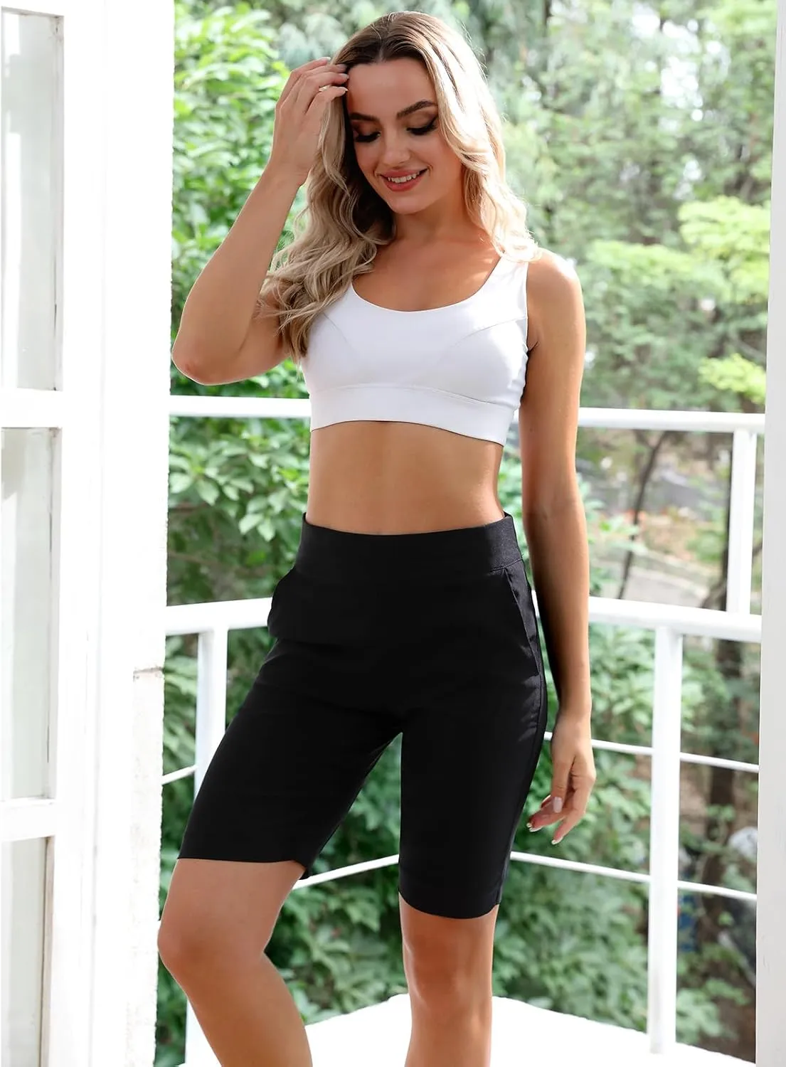 JAMfit Women's Pull-On Bermuda Shorts Stretch High Waist 10" Inseam Dressy Summer Casual Athletic Shorts with Pockets
