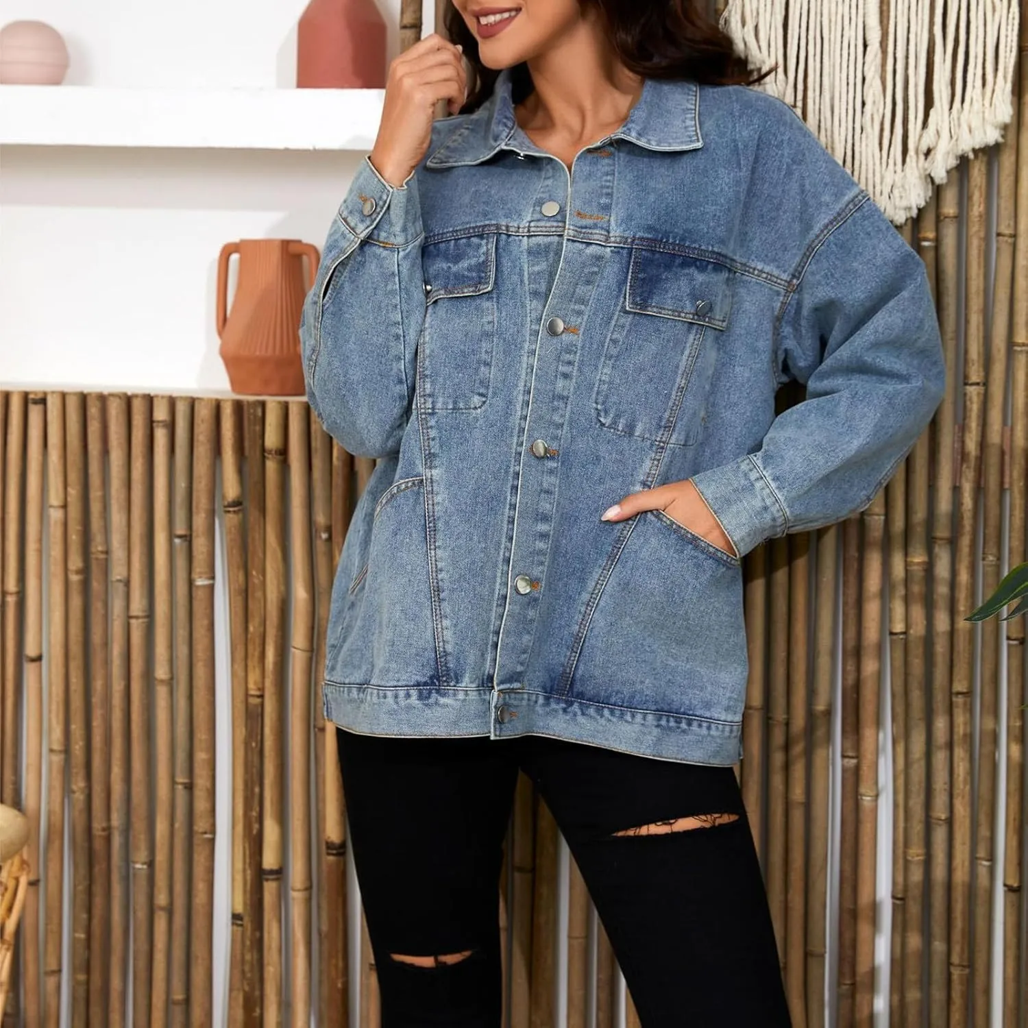 Jean Jacket For Women Denim 2024 Classic Long Sleeve Multi Pockets Jacket Coat Fall Outside Wear Loose Denim Jackets