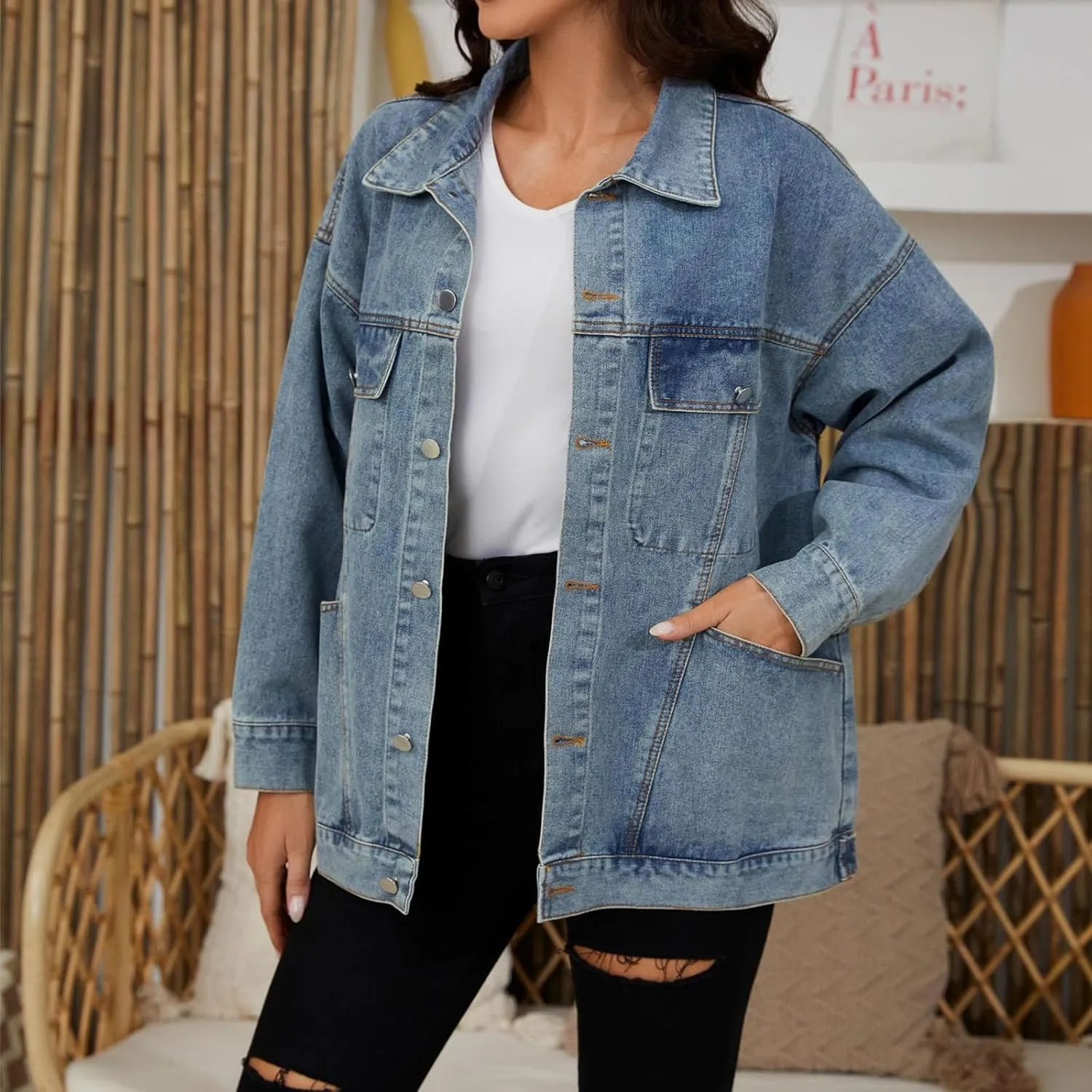 Jean Jacket For Women Denim 2024 Classic Long Sleeve Multi Pockets Jacket Coat Fall Outside Wear Loose Denim Jackets