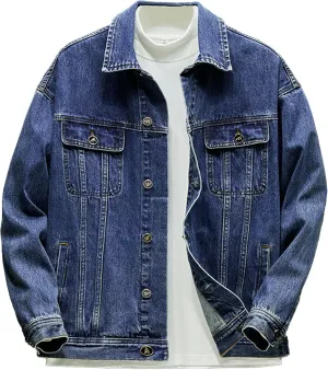 JEKE-DG Men's Distressed Jean Jacket Long Sleeve Denim Trucker Jacket Regular Fit Button Up Utility Pocket Overshirt
