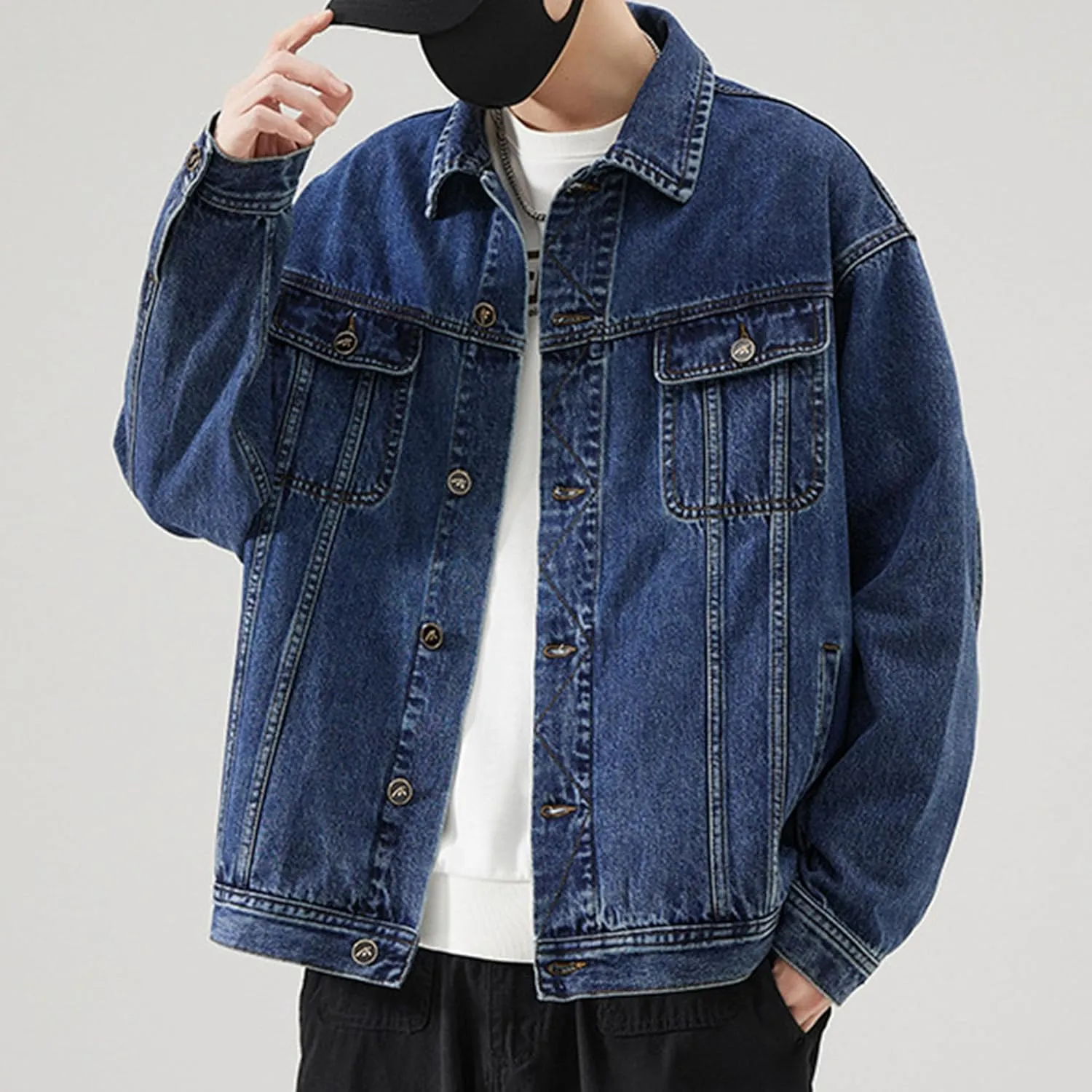 JEKE-DG Men's Distressed Jean Jacket Long Sleeve Denim Trucker Jacket Regular Fit Button Up Utility Pocket Overshirt