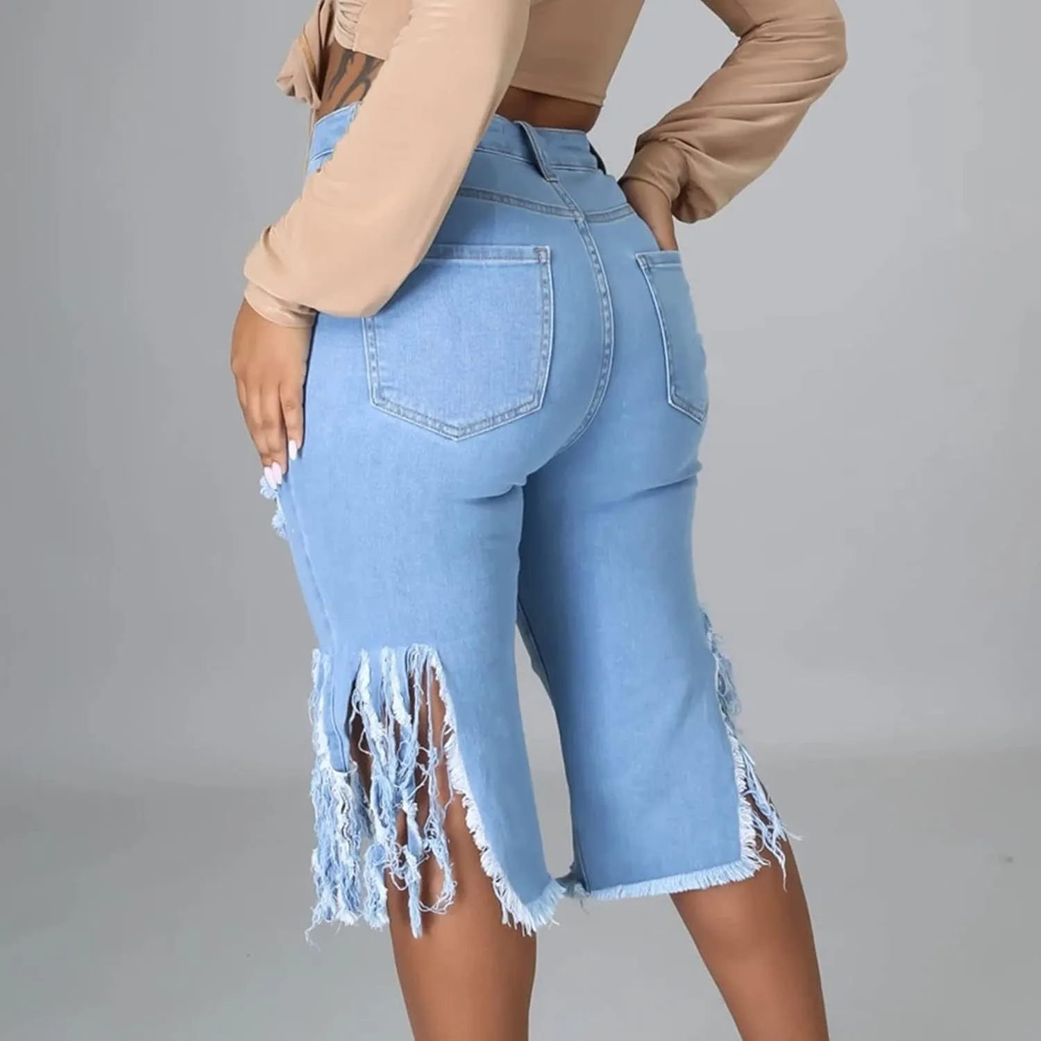 JEKE-DG Stretchy Frayed Raw Hem Denim Shorts for Women Distressed Sexy Ripped Jean Shorts Summer High Waisted Jean Shorts