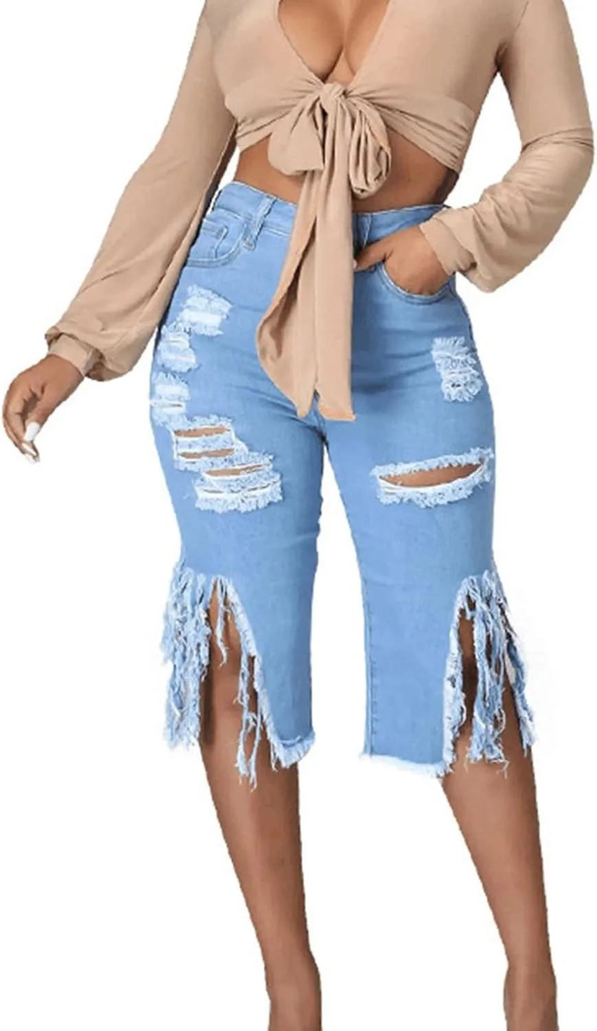 JEKE-DG Stretchy Frayed Raw Hem Denim Shorts for Women Distressed Sexy Ripped Jean Shorts Summer High Waisted Jean Shorts