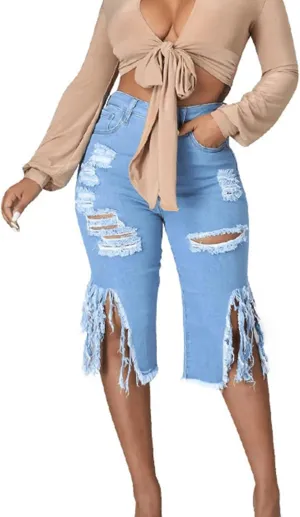 JEKE-DG Stretchy Frayed Raw Hem Denim Shorts for Women Distressed Sexy Ripped Jean Shorts Summer High Waisted Jean Shorts