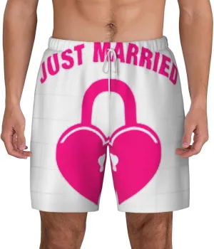 just Married Print Mens Swim Trunks Quick Dry Board Shorts Mesh Lining, Breathable Beach Surf Shorts